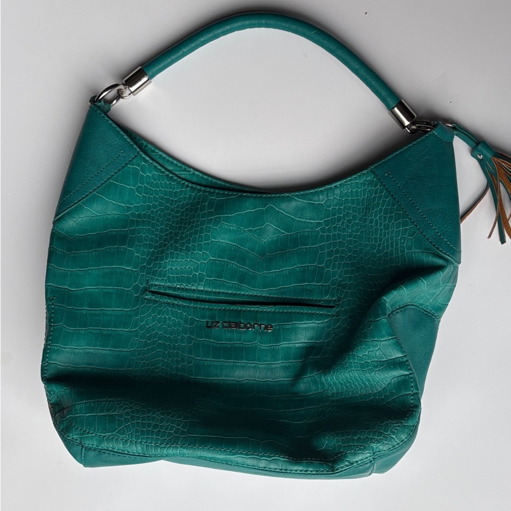 Liz Claiborne Teal Croc-Embossed Shoulder Hobo Bag